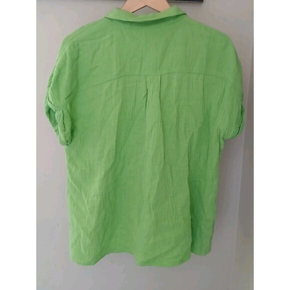 Belle Beach Kim Gravel Button Down Gauzy Shirt Size Large Green S/S Tie Front - Picture 7 of 9